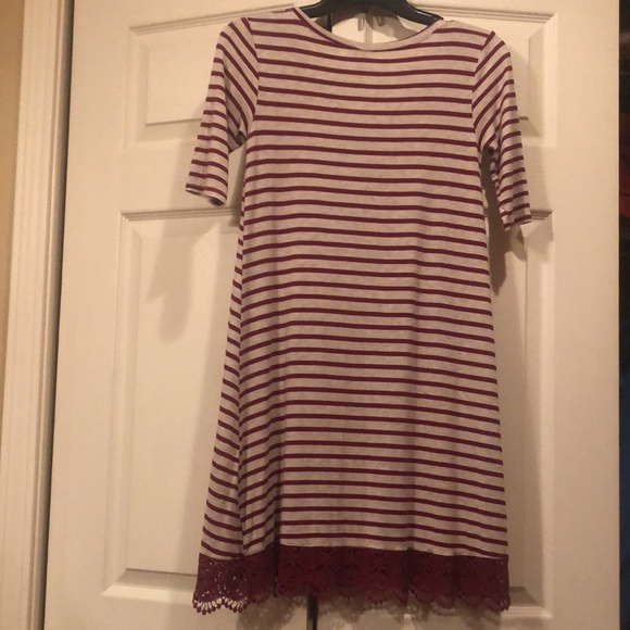 Red Camel - Small Stripe Dress -Burgundy/Gray with Gray Lace Hem. - Picture 9 of 9